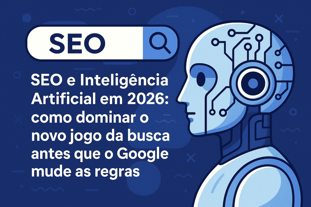 Ilustração digital mostrando um robô futurista ao lado de uma barra de busca com a palavra “SEO”. O fundo em tons de azul representa tecnologia e inteligência artificial. O texto destaca o título “SEO e Inteligência Artificial em 2026: como dominar o novo jogo da busca antes que o Google mude as regras”.
