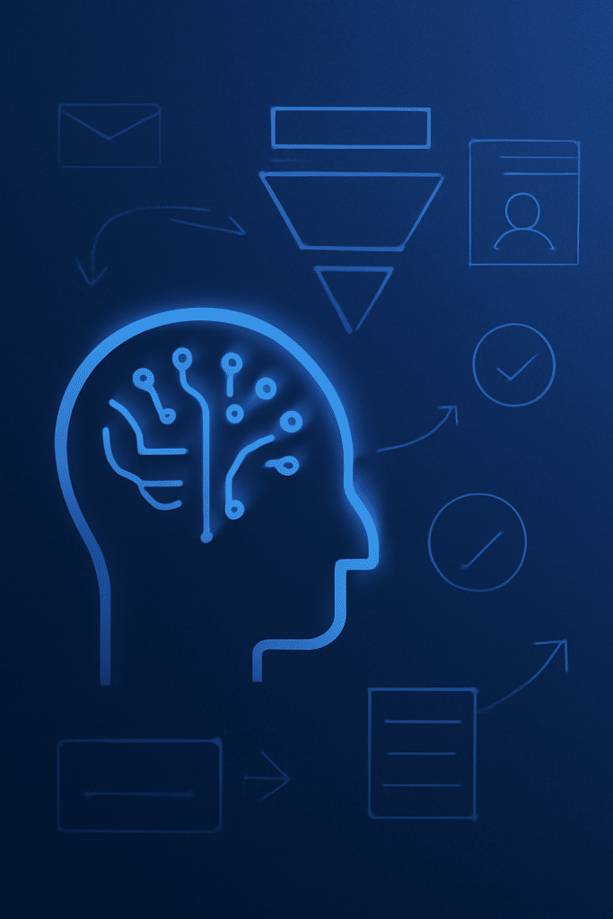 Uma ilustração digital representando a inteligência artificial no marketing B2B, exibindo um cérebro de IA brilhante dentro de uma silhueta de cabeça humana. Elementos ao redor, como um funil de vendas, envelope e ícones de perfil, estão interconectados com setas neon azuis, simbolizando a geração e qualificação de leads, com um fundo azul escuro e design minimalista.