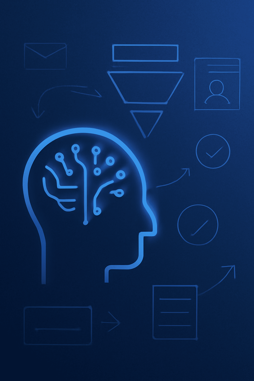 Uma ilustração digital representando a inteligência artificial no marketing B2B, exibindo um cérebro de IA brilhante dentro de uma silhueta de cabeça humana. Elementos ao redor, como um funil de vendas, envelope e ícones de perfil, estão interconectados com setas neon azuis, simbolizando a geração e qualificação de leads, com um fundo azul escuro e design minimalista.