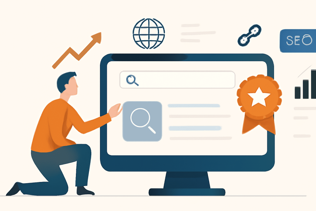 Ilustração digital em estilo flat mostrando um homem ajoelhado interagindo com gráficos SEO em um grande monitor, cercado por ícones relevantes de SEO, como gráfico de crescimento e símbolo de SEO.
