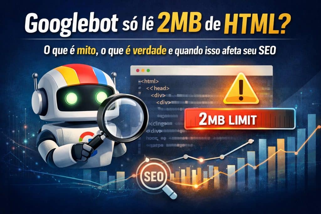 Ilustração do Googlebot analisando código HTML com alerta de limite de 2MB e gráfico de SEO ao fundo