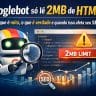 Ilustração do Googlebot analisando código HTML com alerta de limite de 2MB e gráfico de SEO ao fundo