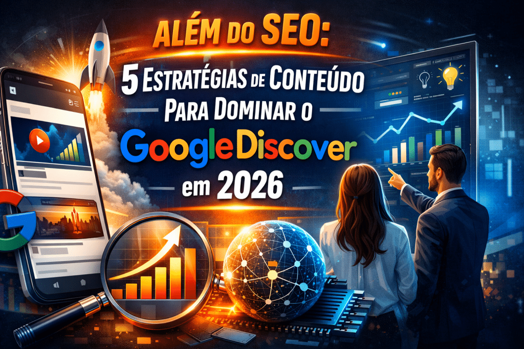 Thumb do artigo sobre estratégias para dominar o Google Discover em 2026 com elementos de SEO, crescimento e marketing digital.