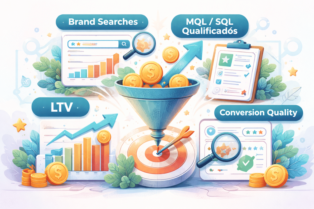 Infográfico digital ilustrando as principais métricas de marketing digital, com ênfase na mudança do foco de tráfego para conversão e qualidade de leads. O gráfico central apresenta um funil que captura leads e os transforma em receita, destacando seções como 'Brand Searches,' 'MQL/SQL Qualificados,' 'LTV,' e 'Qualidade de Conversão', com ícones claros e visuais de dados.