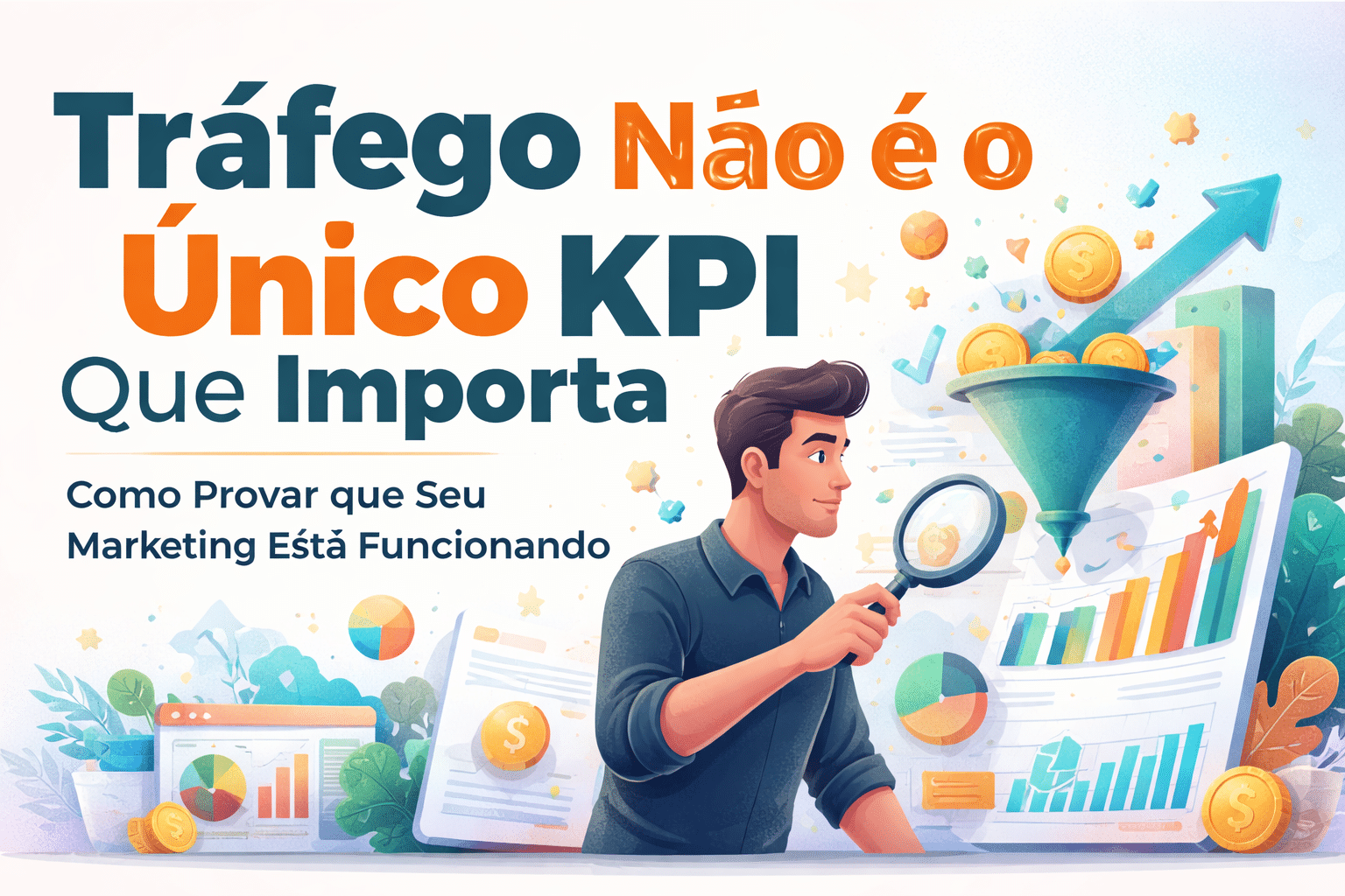 Ilustração digital mostrando um profissional de marketing segurando uma lupa sobre um símbolo de dólar, cercado por recursos visuais baseados em dados, como gráficos de receita e funis de leads. O título em negrito "Tráfego Não é o Único KPI Que Importa" e o subtítulo "Como Provar que Seu Marketing Está Funcionando" enfatizam a importância do impacto nos negócios em relação às métricas de tráfego tradicionais, tudo isso em um fundo vibrante e colorido.